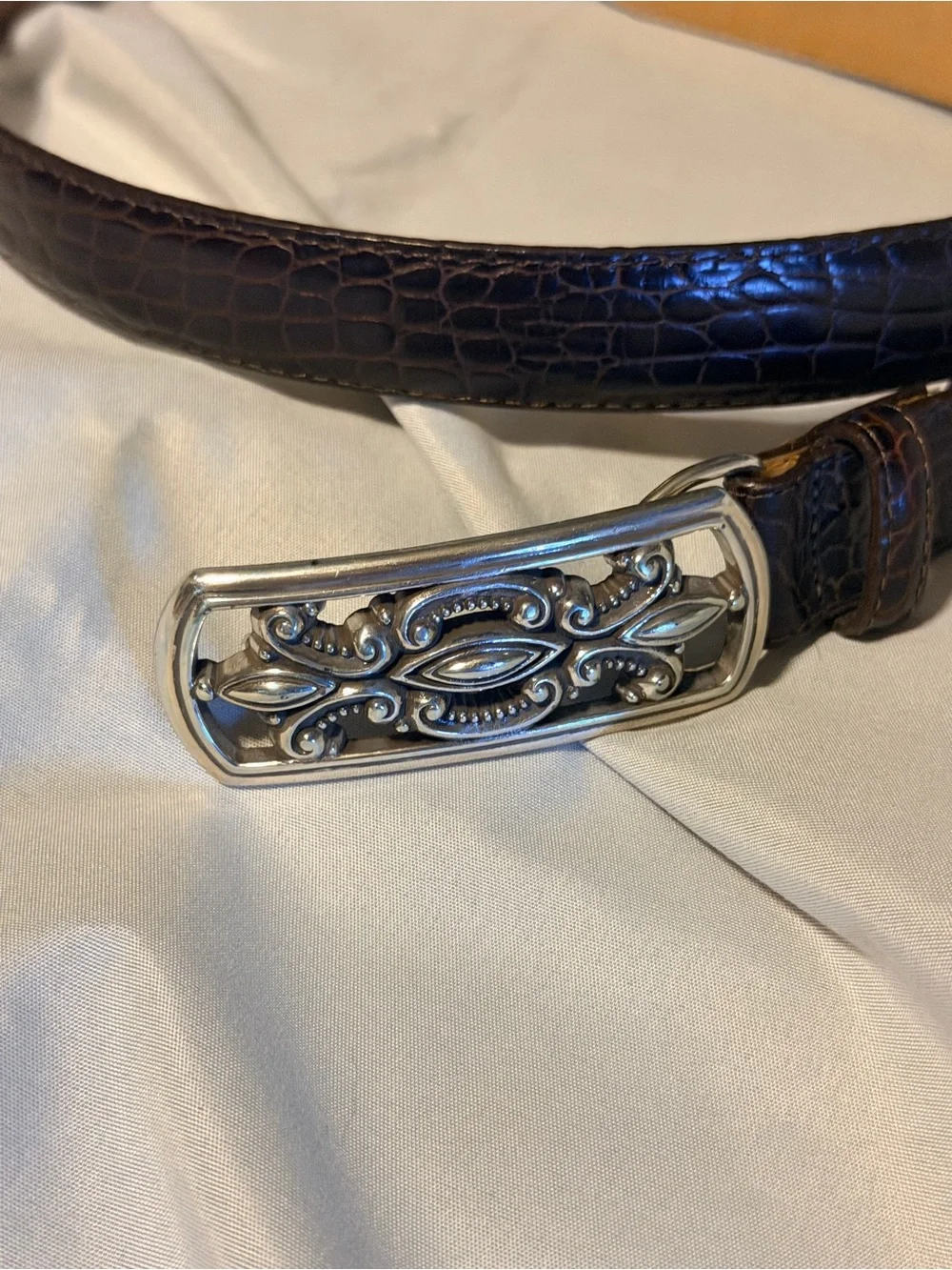Brighton Leather Belt Size 32 M/L Brown Croc Embossed Ornate Silver Buckle